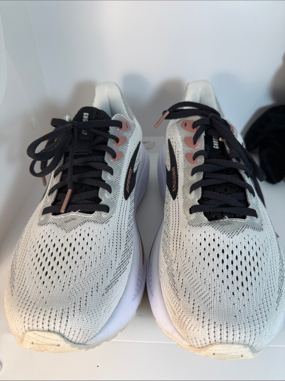 Brooks Women's White and Black Running Sneakers with Rose Gold Accents